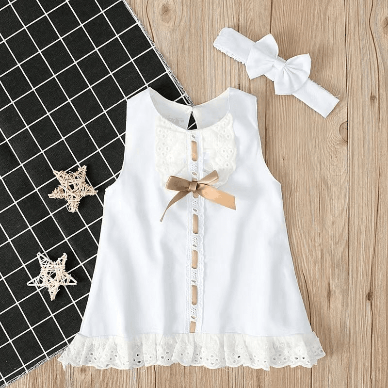 nsemble Bébé Fille Robe Sans Manches à Nœud Papillon & Bandeau Assorti